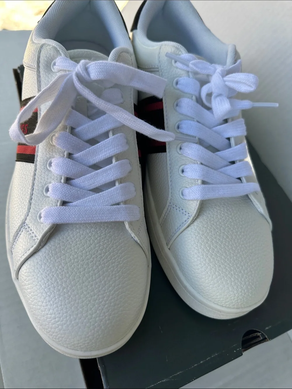 GUESS Men’s White Low-Top Sneakers with Black & Red Stripes